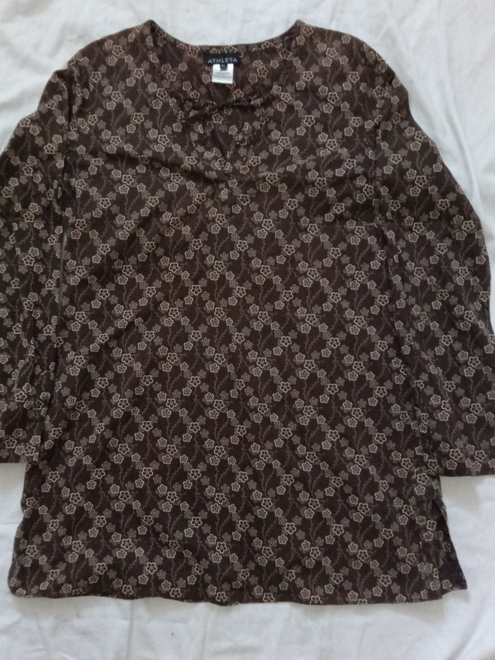 Athleta Brown 100% Cotton XL Floral Tunic Top With Split Hem And Sleeve Cuffs
